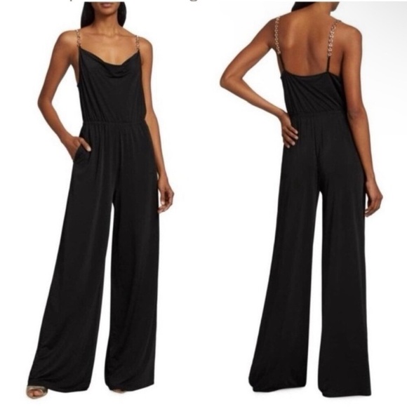 Jason Wu Pants - Jason Wu Emmett Black Cowl Neck Wide Leg Jumpsuit Gold Rhinestone Straps L